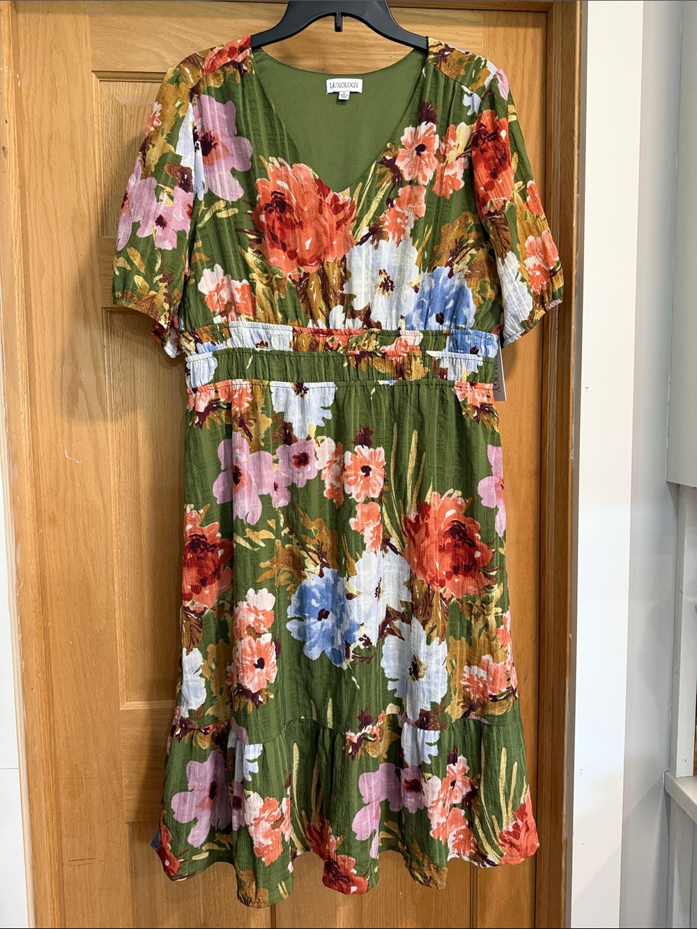 Luxology Olive Green Floral Midi Dress with Red, Pink & Blue Blooms